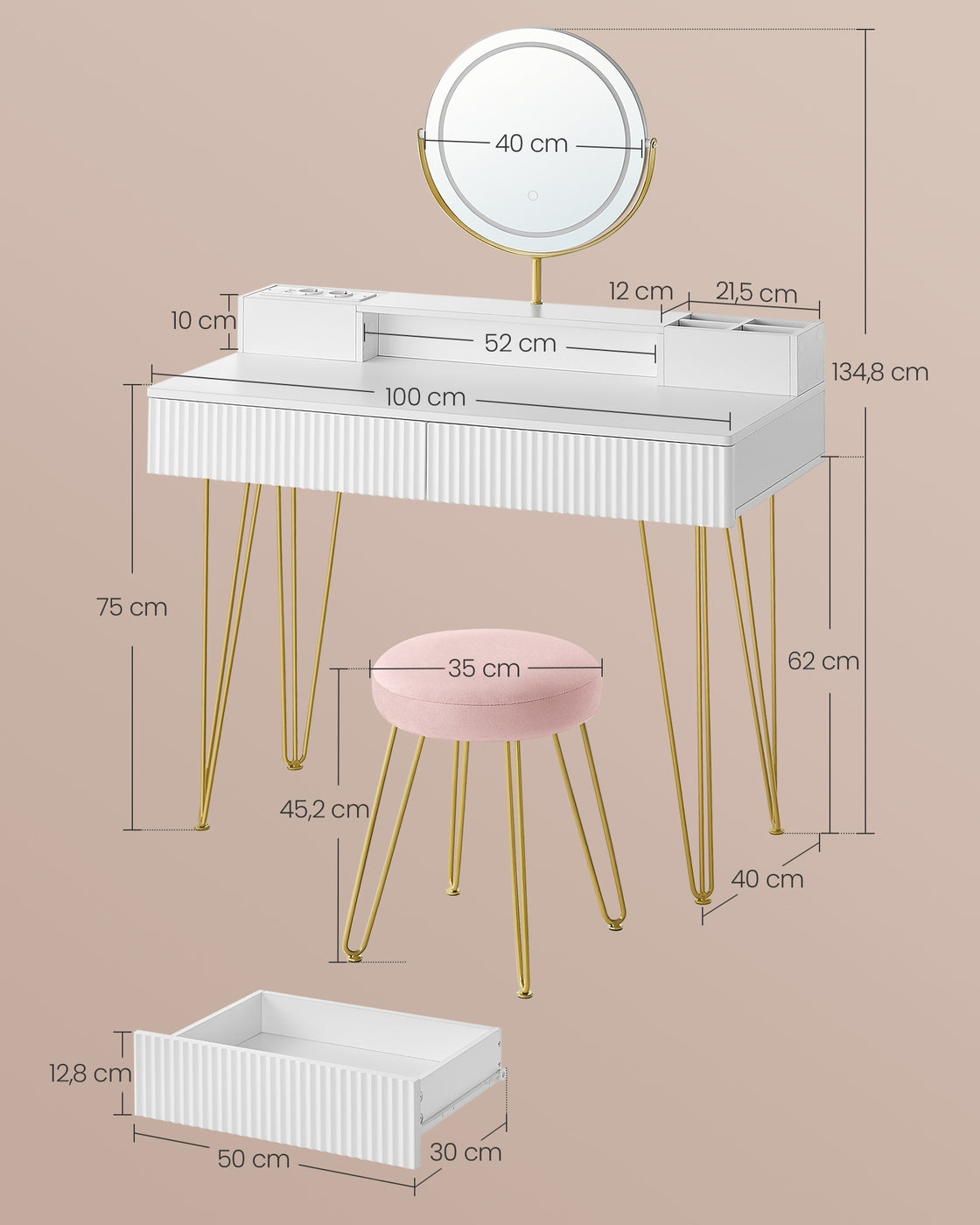 Schminktisch mit Hocker und Beleuchtung 40 x 100 x 134,8 cm