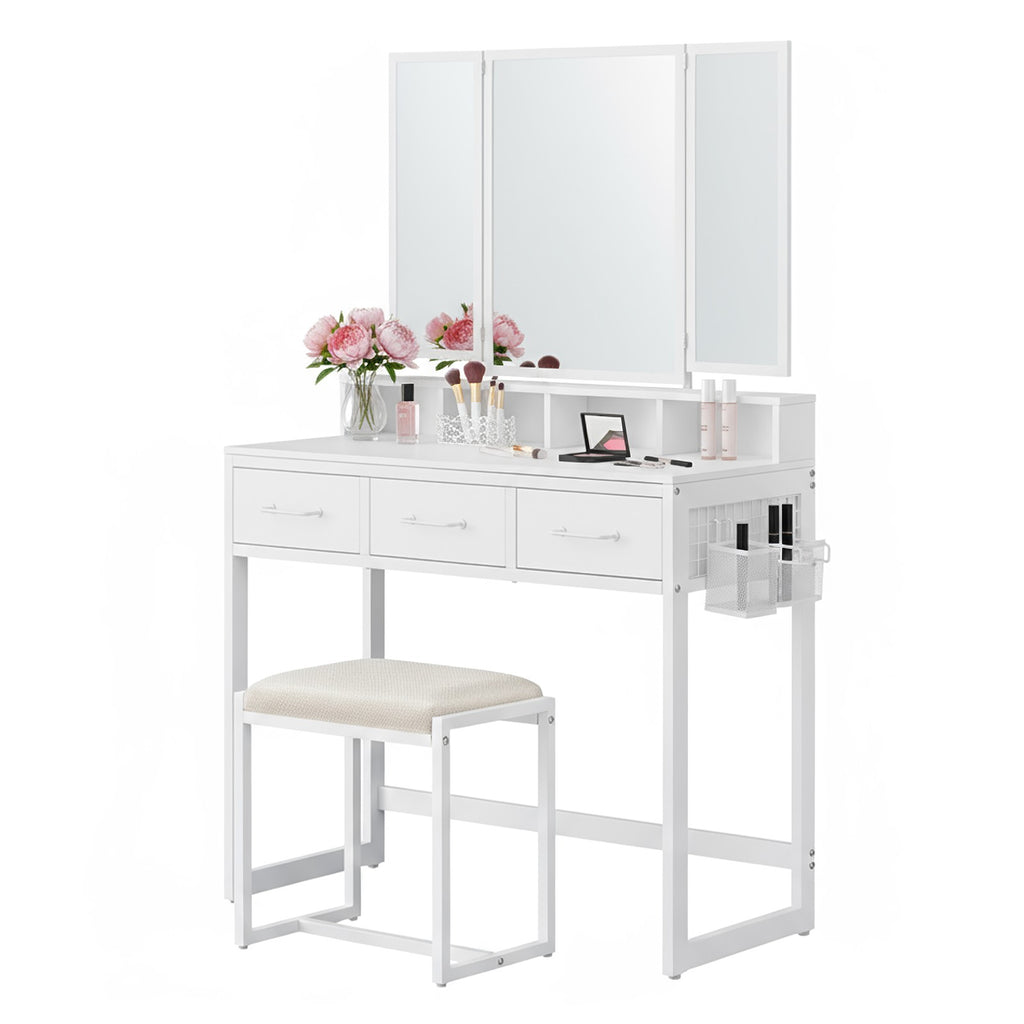 Kosmetiktisch mit dreifachem Spiegel, Schminktisch mit Hocker, Frisiertisch mit 3 Schubladen