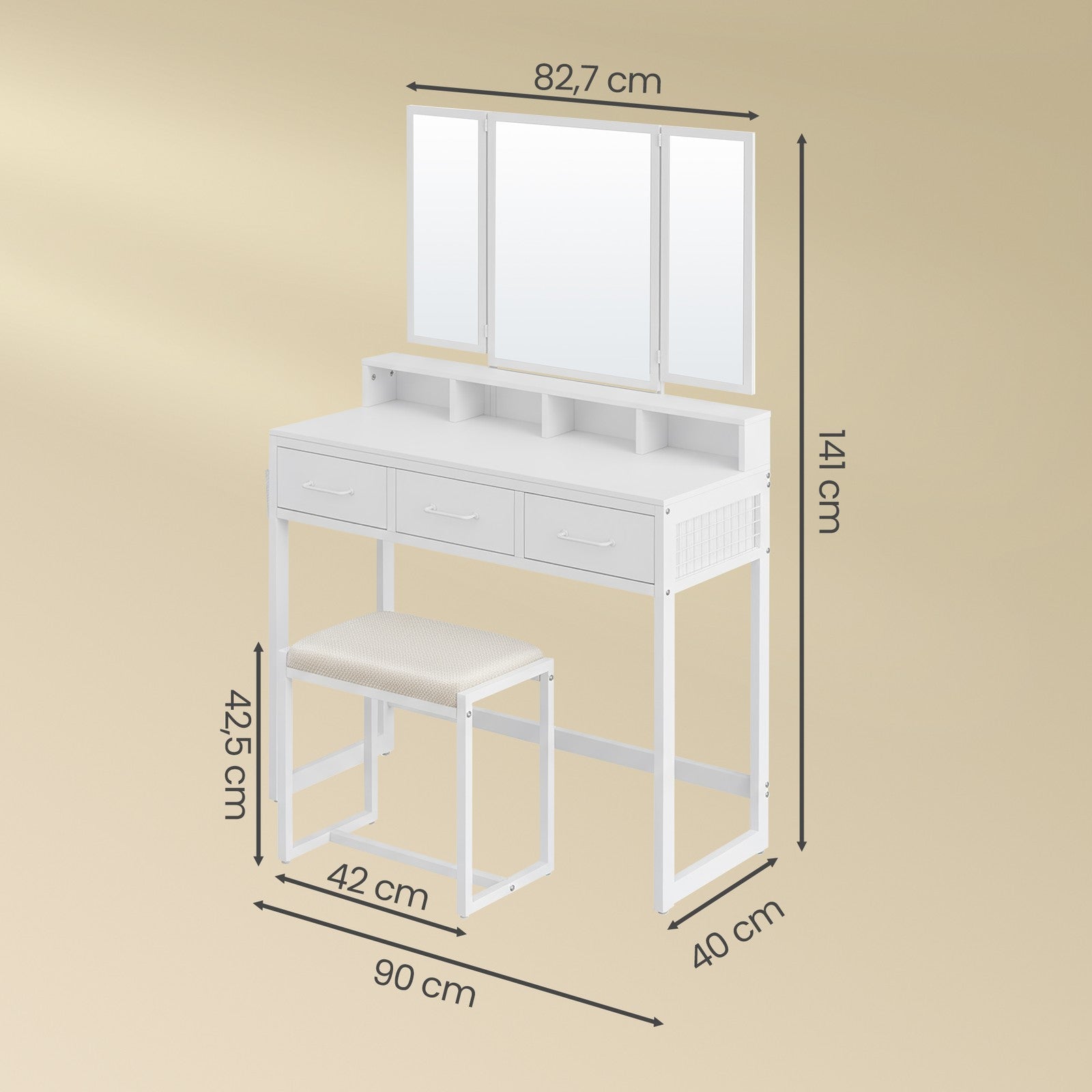 Kosmetiktisch mit dreifachem Spiegel, Schminktisch mit Hocker, Frisiertisch mit 3 Schubladen