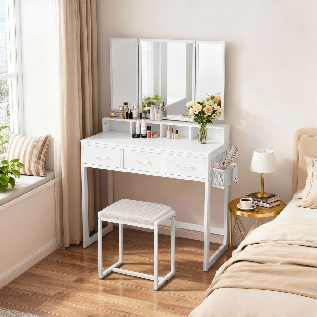 Kosmetiktisch mit dreifachem Spiegel, Schminktisch mit Hocker, Frisiertisch mit 3 Schubladen