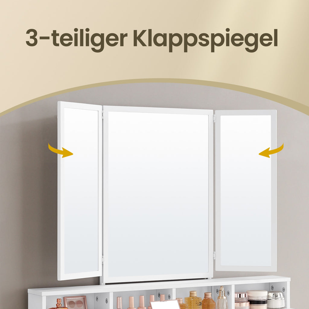 Kosmetiktisch mit dreifachem Spiegel, Schminktisch mit Hocker, Frisiertisch mit 3 Schubladen