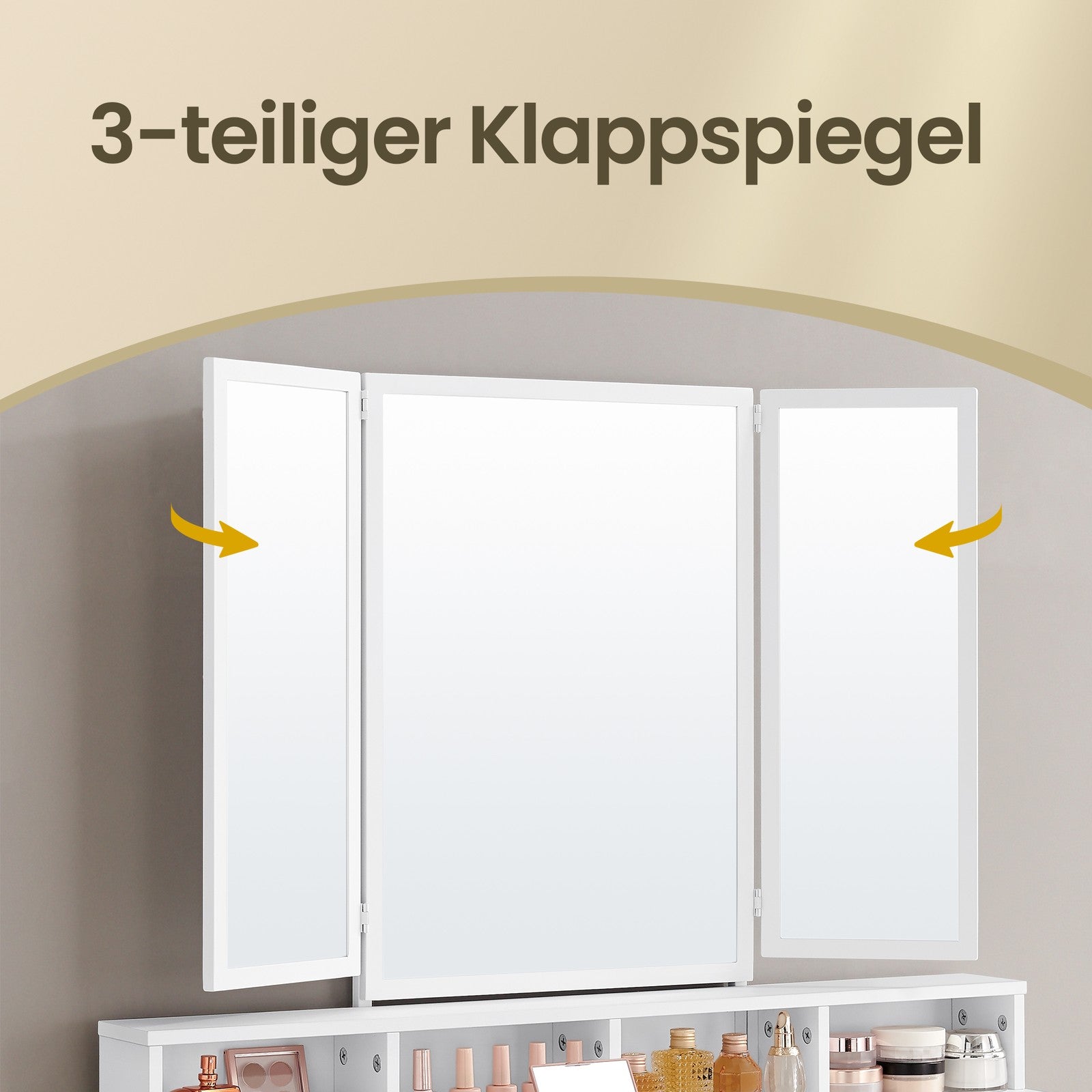 Kosmetiktisch mit dreifachem Spiegel, Schminktisch mit Hocker, Frisiertisch mit 3 Schubladen