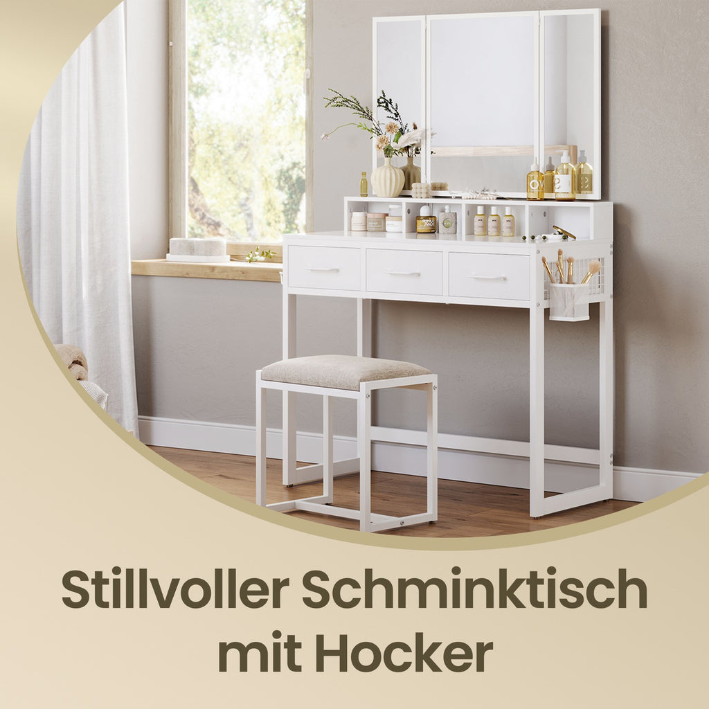 Kosmetiktisch mit dreifachem Spiegel, Schminktisch mit Hocker, Frisiertisch mit 3 Schubladen