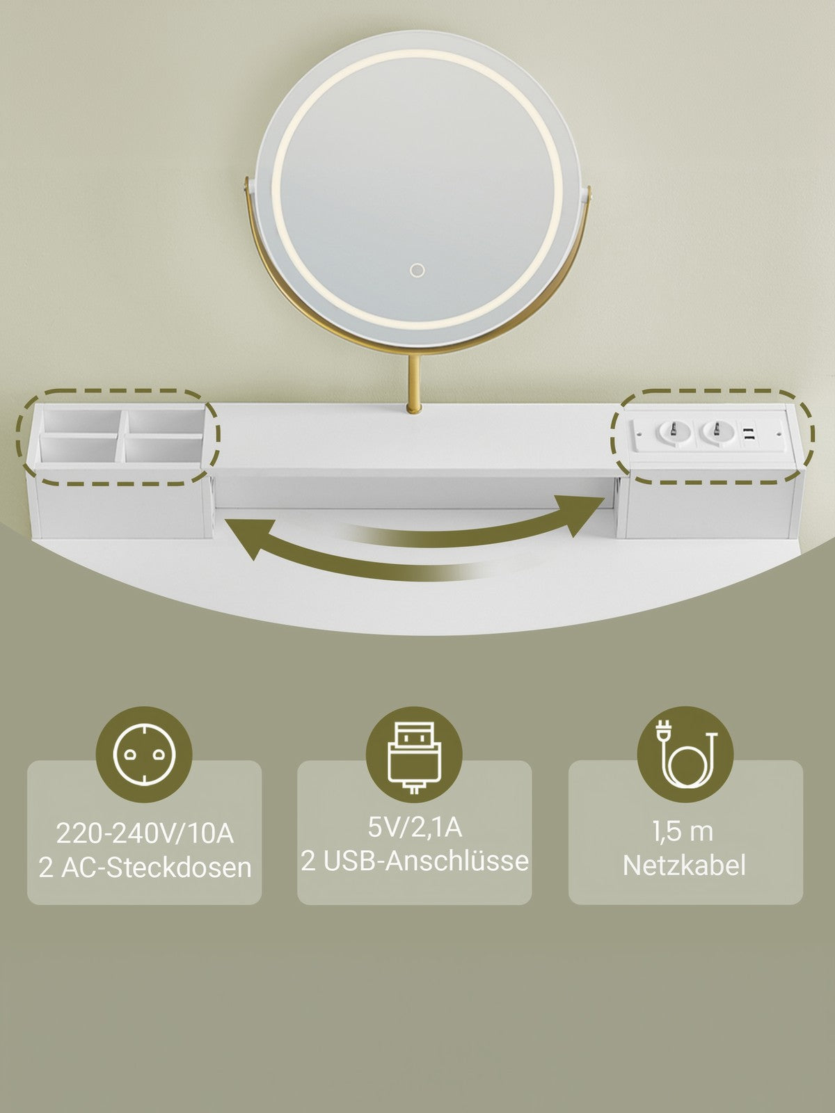 Schminktisch mit Hocker, Beleuchtung, Steckdosenleiste