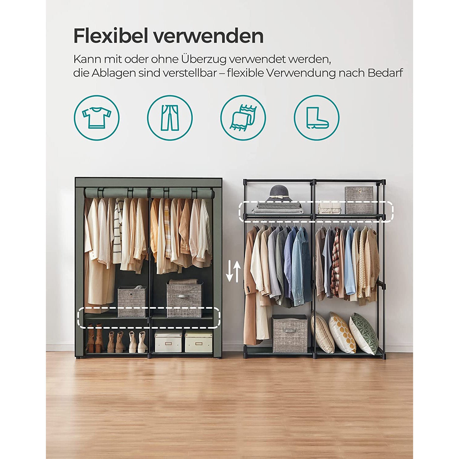 Stoffschrank mit 2 Kleiderstangen salbeigrün
