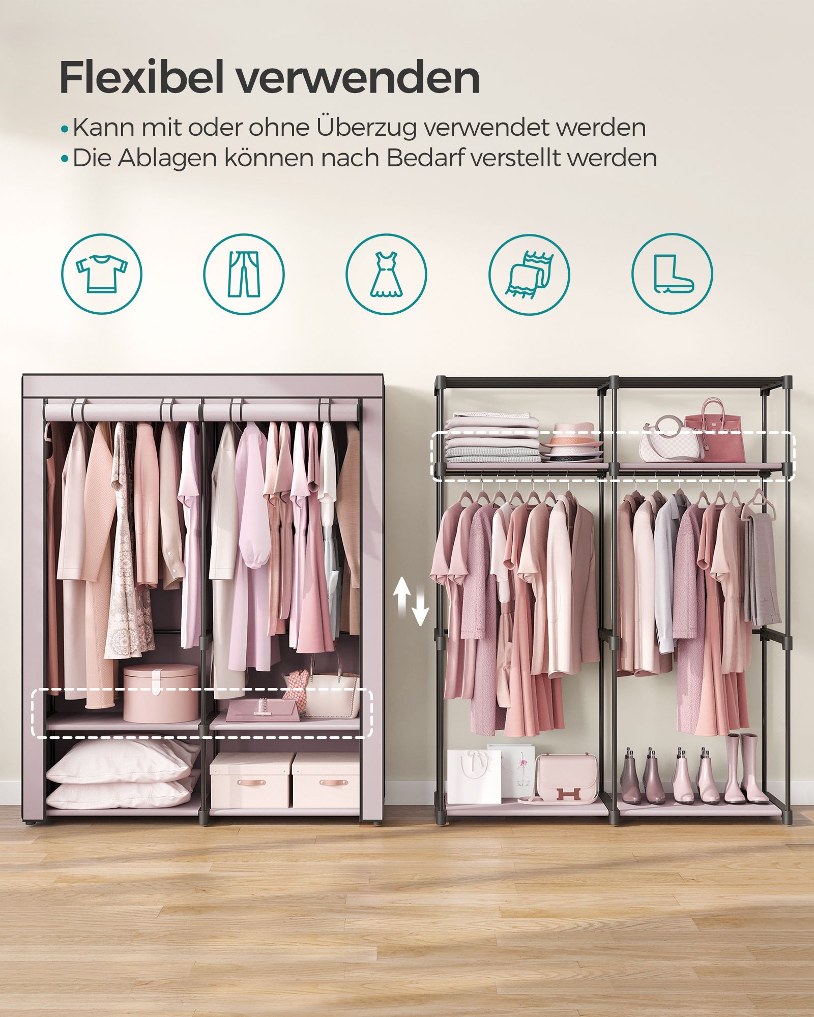 Kleiderschrank mit 2 Kleiderstangen faltbar lavendellila