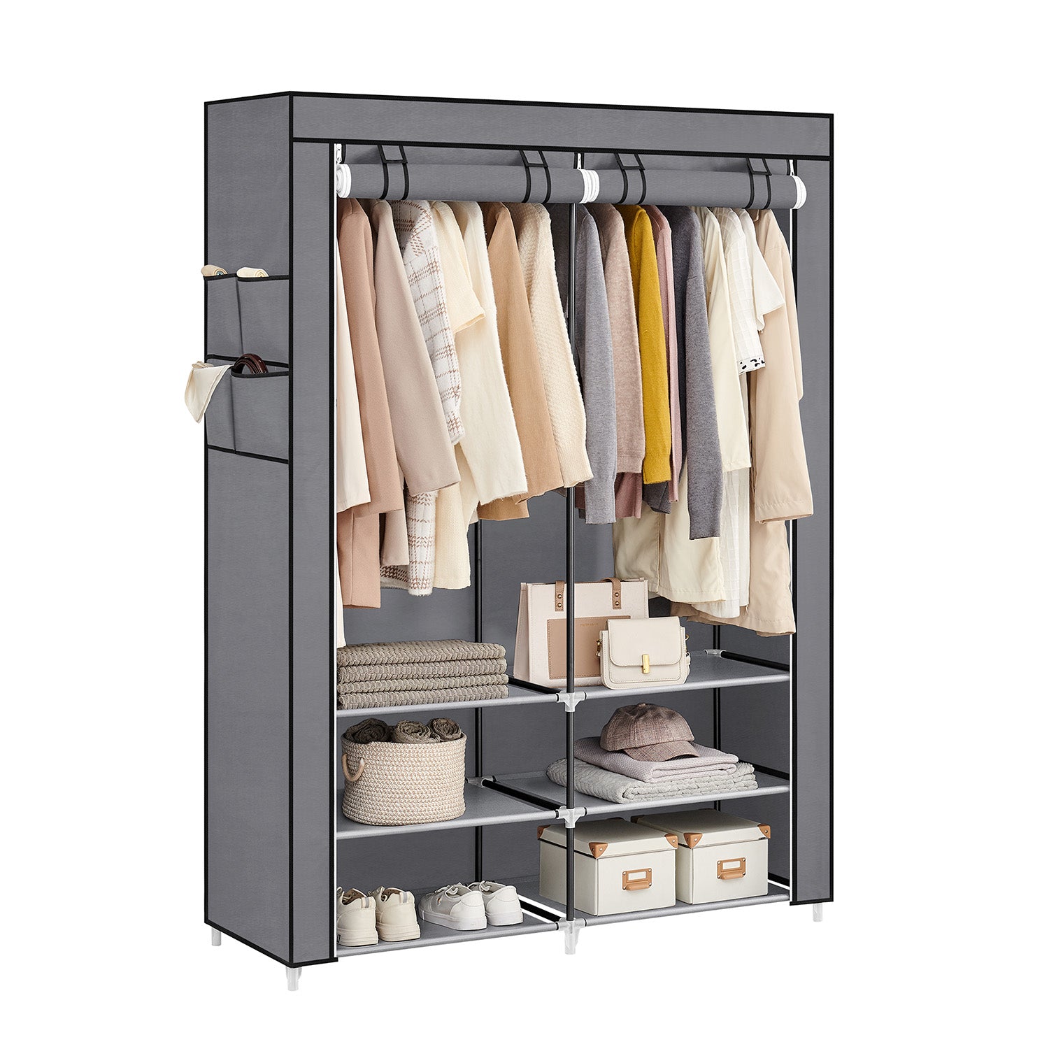 Stoffschrank mit 2 Kleiderstangen und 4 Seitentaschen