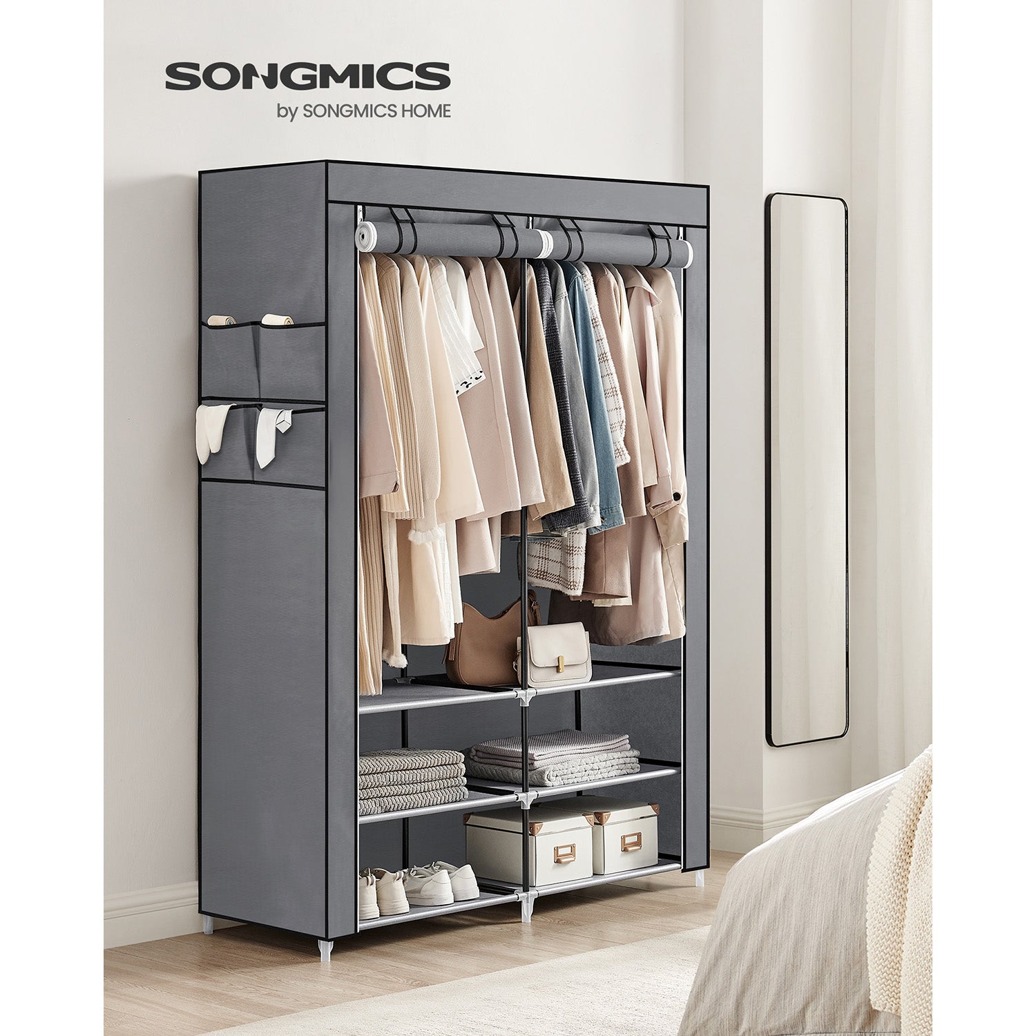 Stoffschrank mit 2 Kleiderstangen und 4 Seitentaschen