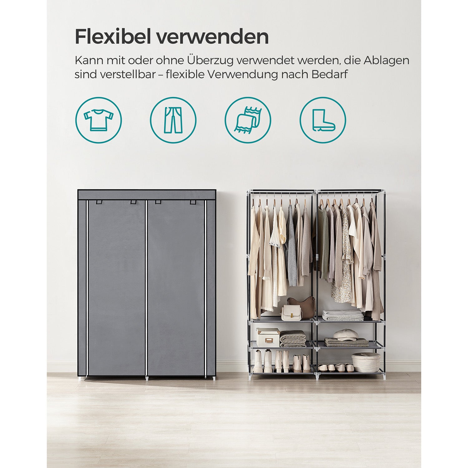 Stoffschrank mit 2 Kleiderstangen und 4 Seitentaschen