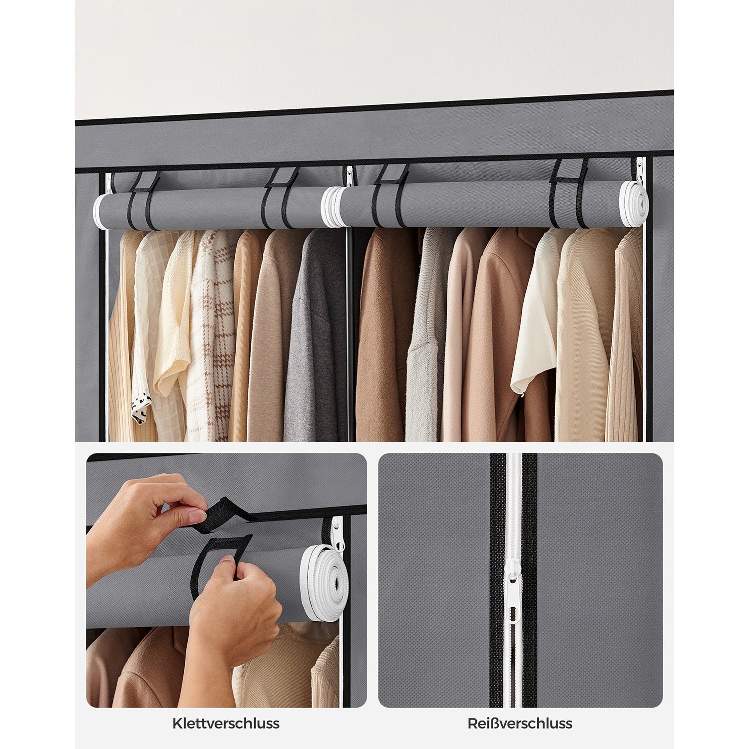Stoffschrank mit 2 Kleiderstangen und 4 Seitentaschen