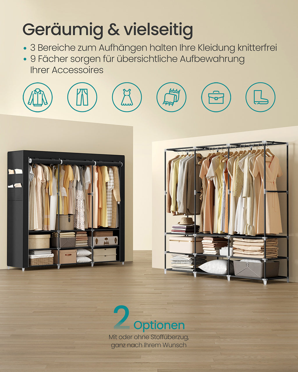 Stoffschrank 45 x 188 x 176 cm mit 3 Hängefächern schwarz