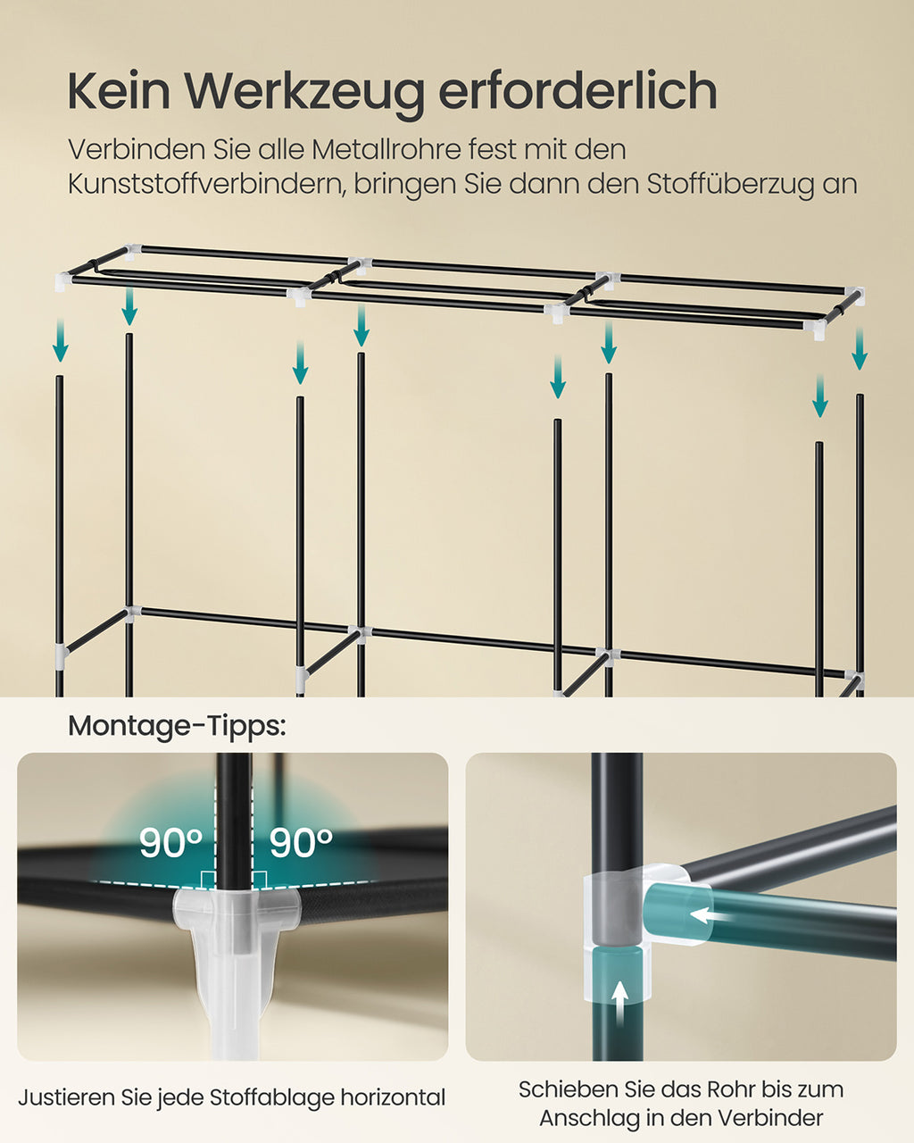 Stoffschrank 45 x 188 x 176 cm mit 3 Hängefächern schwarz