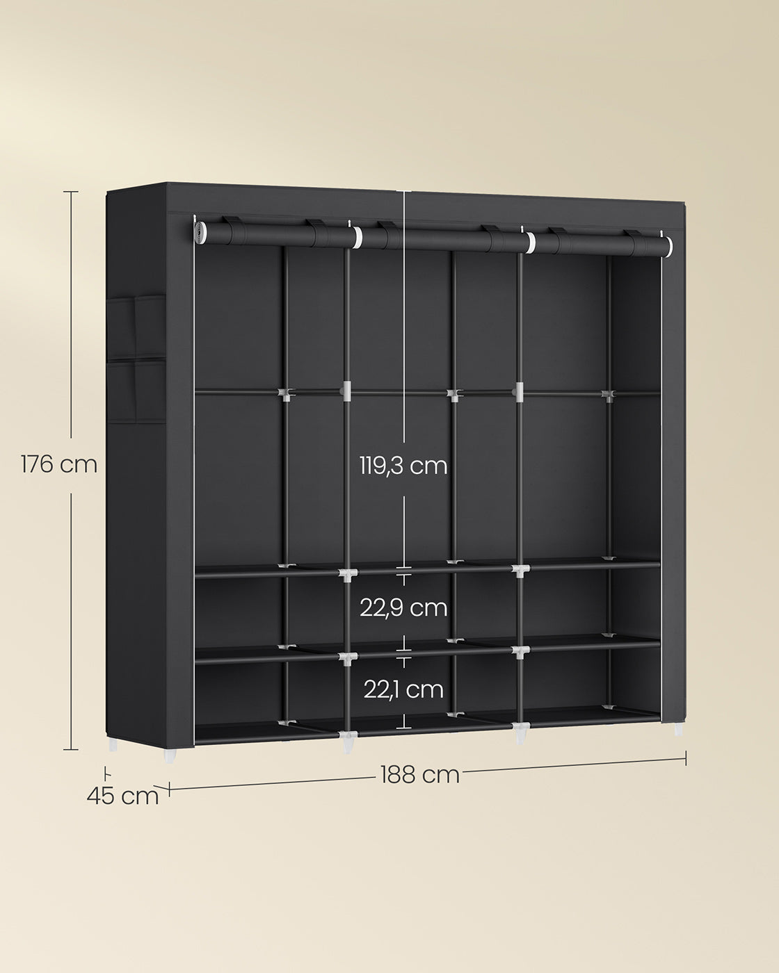 Stoffschrank 45 x 188 x 176 cm mit 3 Hängefächern schwarz
