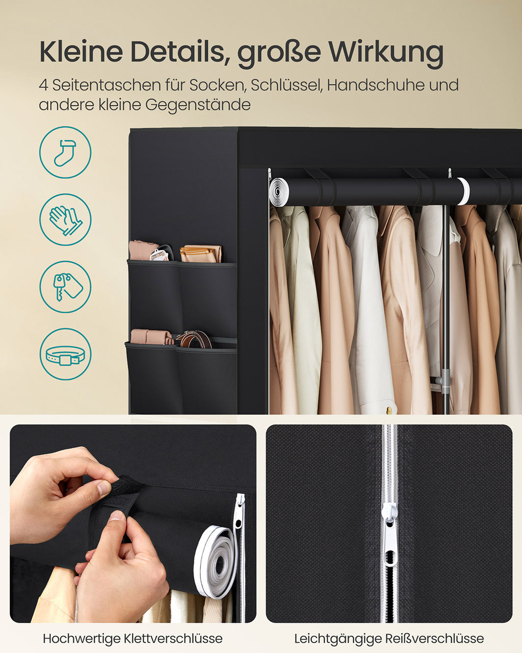 Stoffschrank 45 x 188 x 176 cm mit 3 Hängefächern schwarz