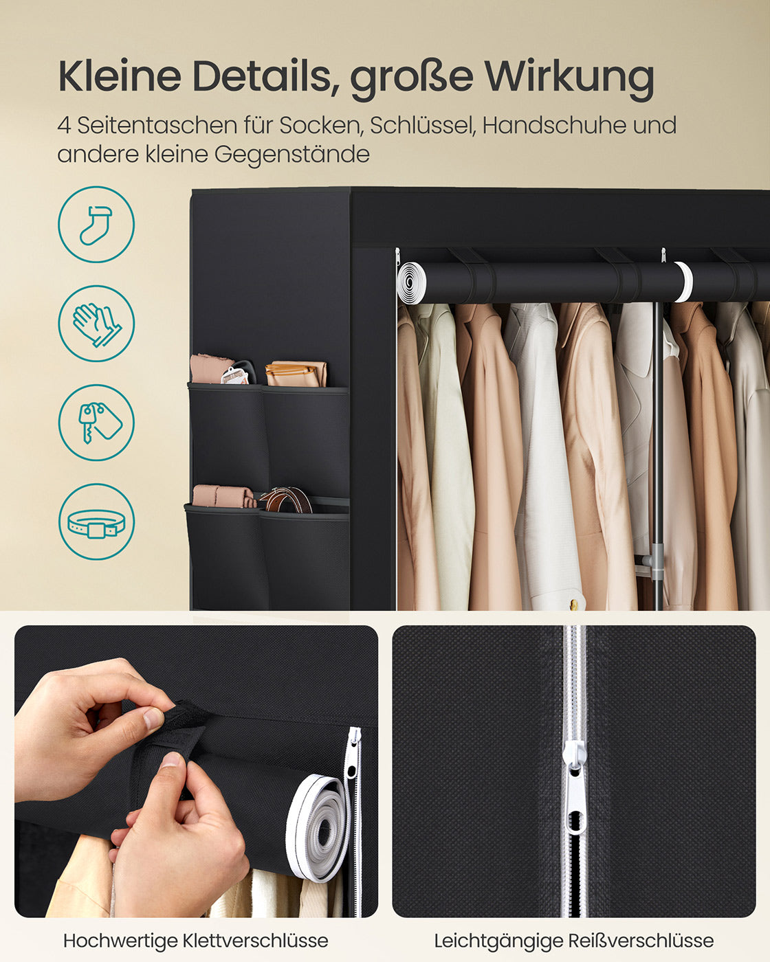 Stoffschrank 45 x 188 x 176 cm mit 3 Hängefächern schwarz