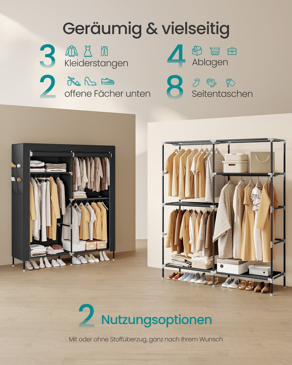 Stoffkleiderschrank mit Kleiderstange und praktischen Ablagen