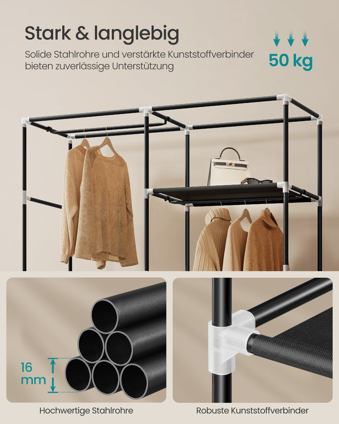 Stoffkleiderschrank mit Kleiderstange und praktischen Ablagen
