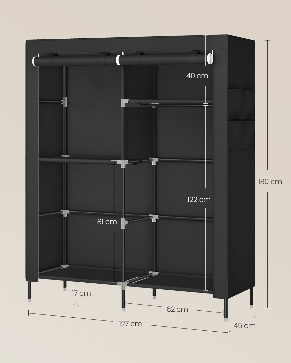 Stoffkleiderschrank mit Kleiderstange und praktischen Ablagen