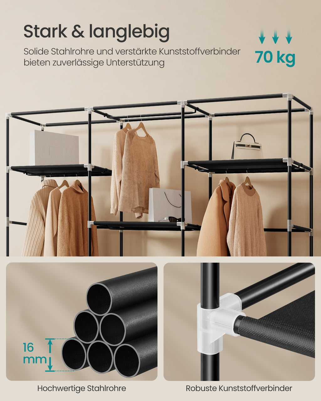Stoffkleiderschrank mit Kleiderstange und praktischen Ablagen