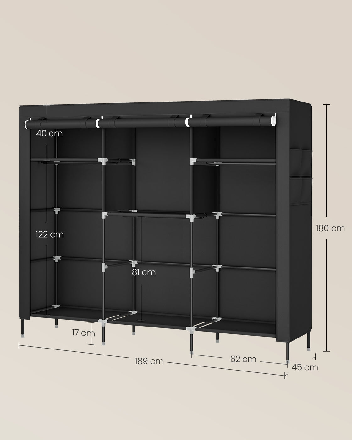Stoffkleiderschrank mit Kleiderstange und praktischen Ablagen