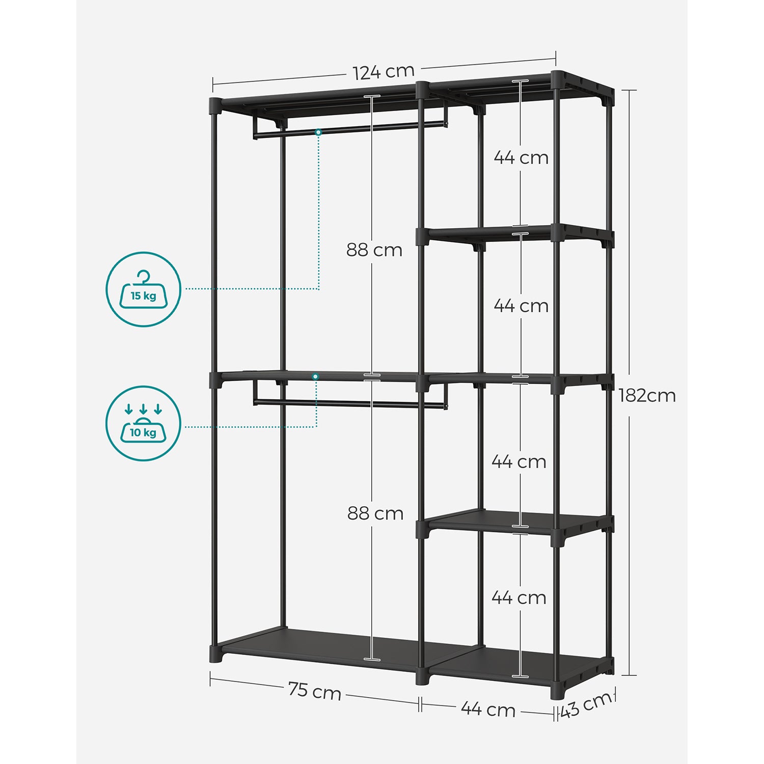 Kleiderschrank offen mit Kleiderstangen 43 x 124 x 182 cm schwarz