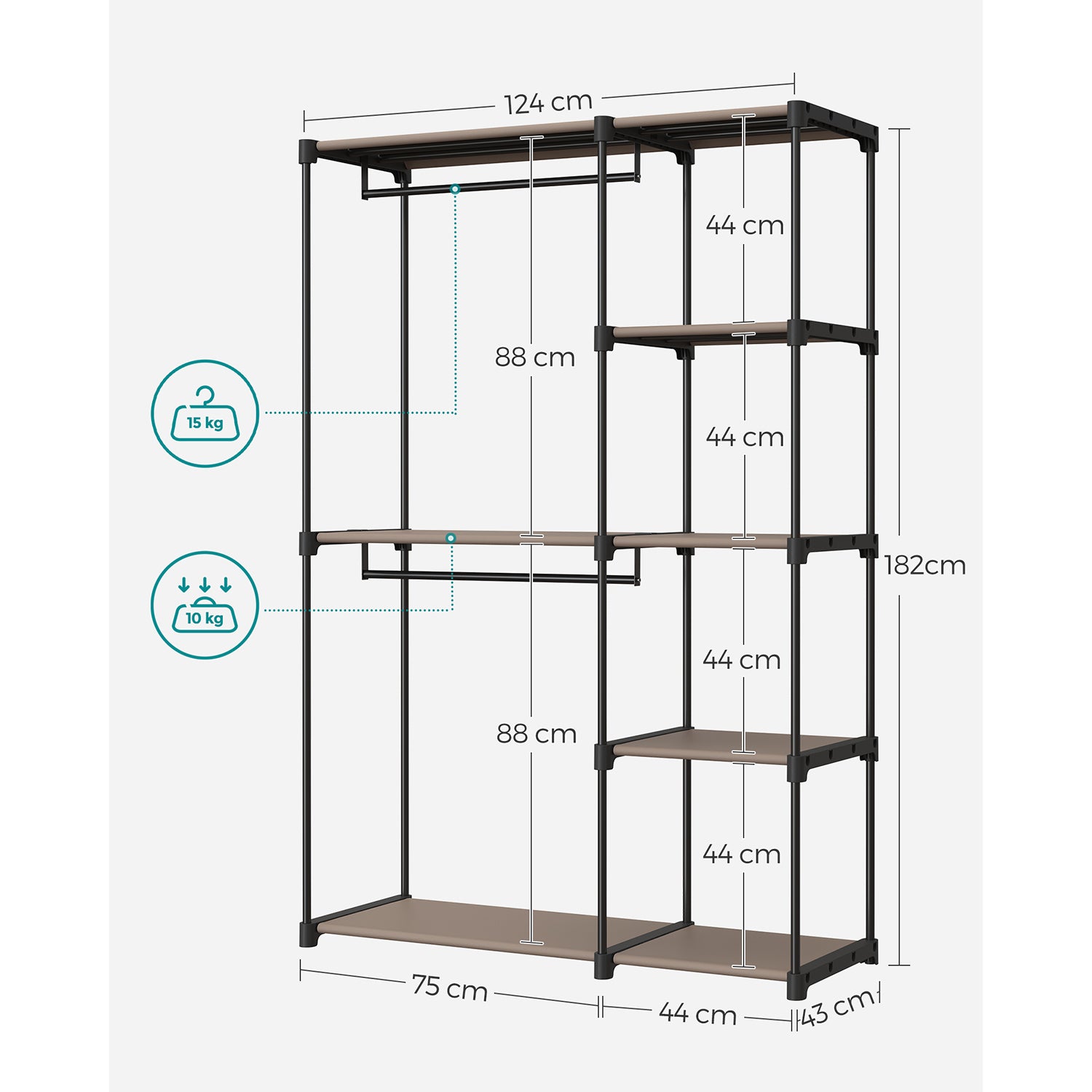 Kleiderschrank offen mit Kleiderstangen 43 x 124 x 182 cm Taupe