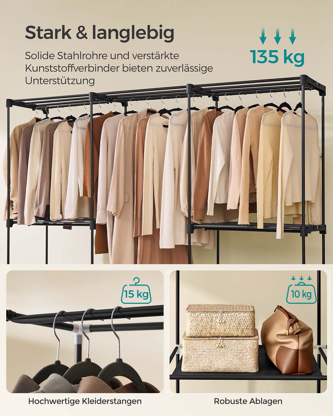 Kleiderschrank mit 5 Hängefächern 205 x 43 x 166 cm schwarz