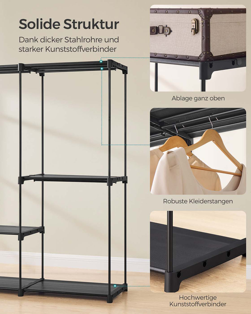 Kleiderschrank mit 5 Hängefächern 205 x 43 x 166 cm schwarz