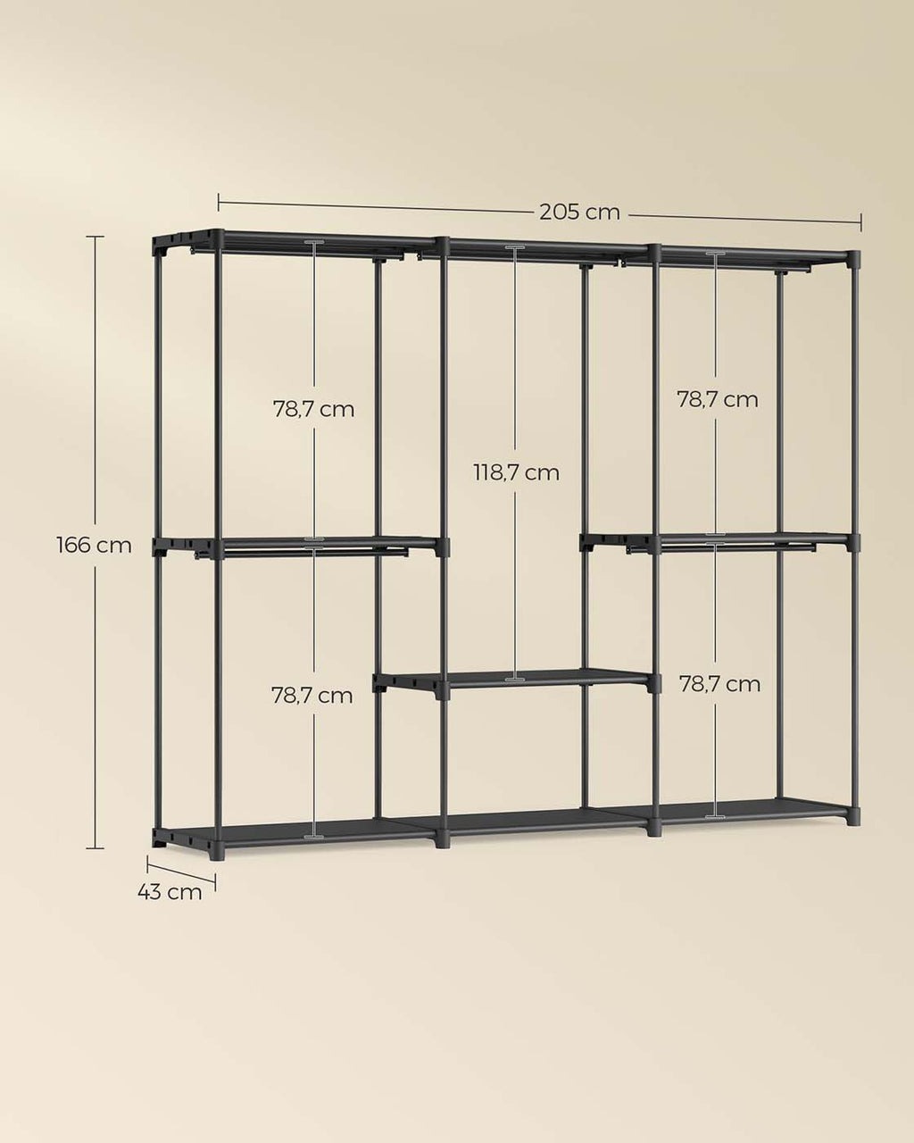 Kleiderschrank mit 5 Hängefächern 205 x 43 x 166 cm schwarz
