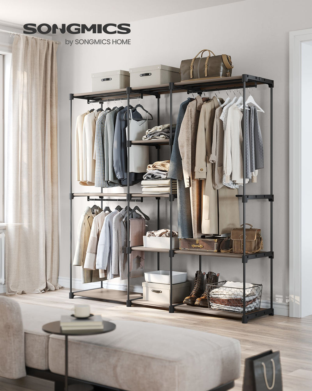 freistehende Garderobe mit Kleiderstangen taupe