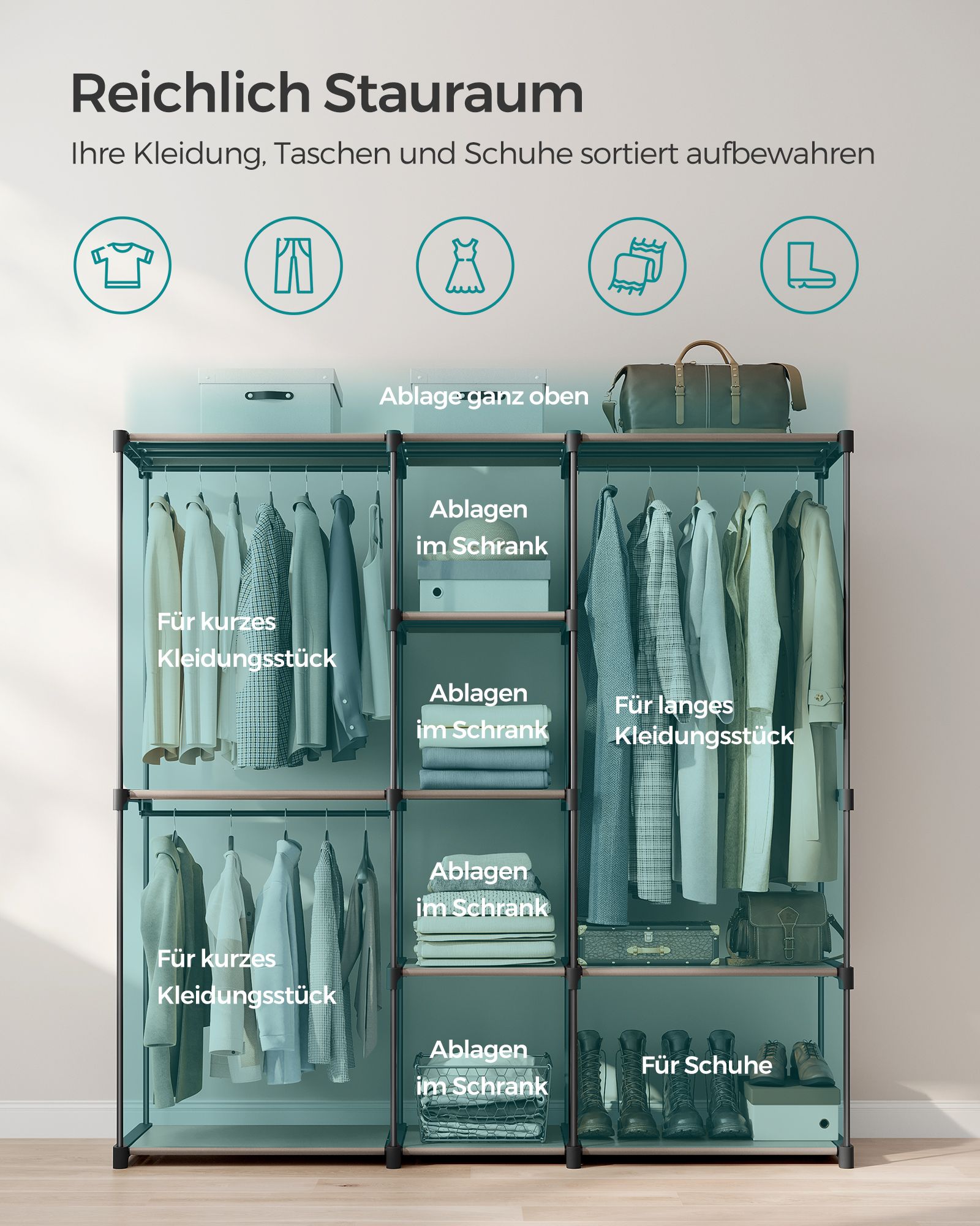 freistehende Garderobe mit Kleiderstangen taupe