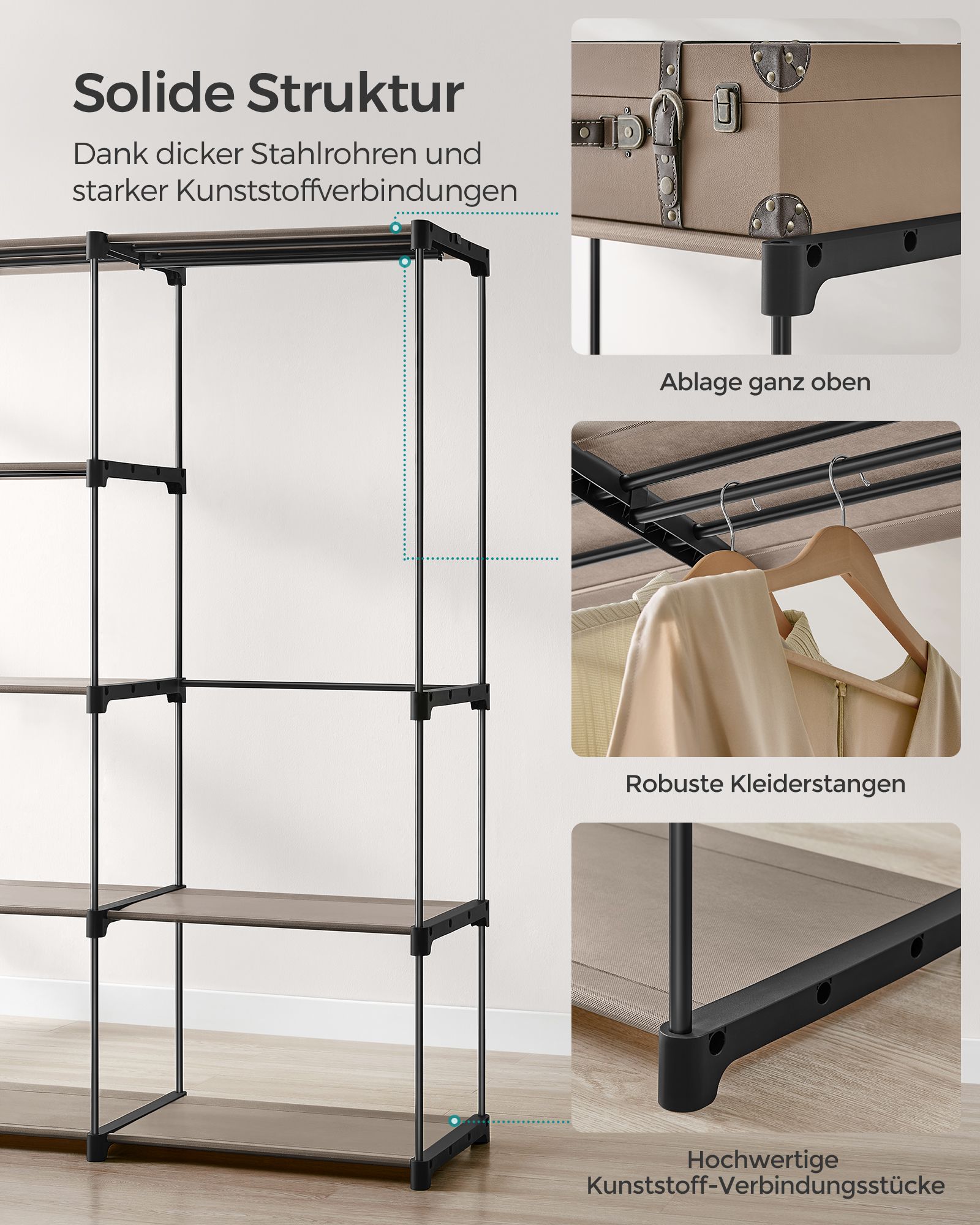 freistehende Garderobe mit Kleiderstangen taupe