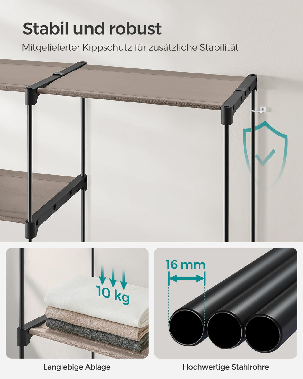 freistehende Garderobe mit Kleiderstangen taupe