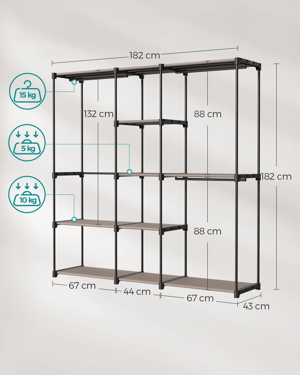 freistehende Garderobe mit Kleiderstangen taupe