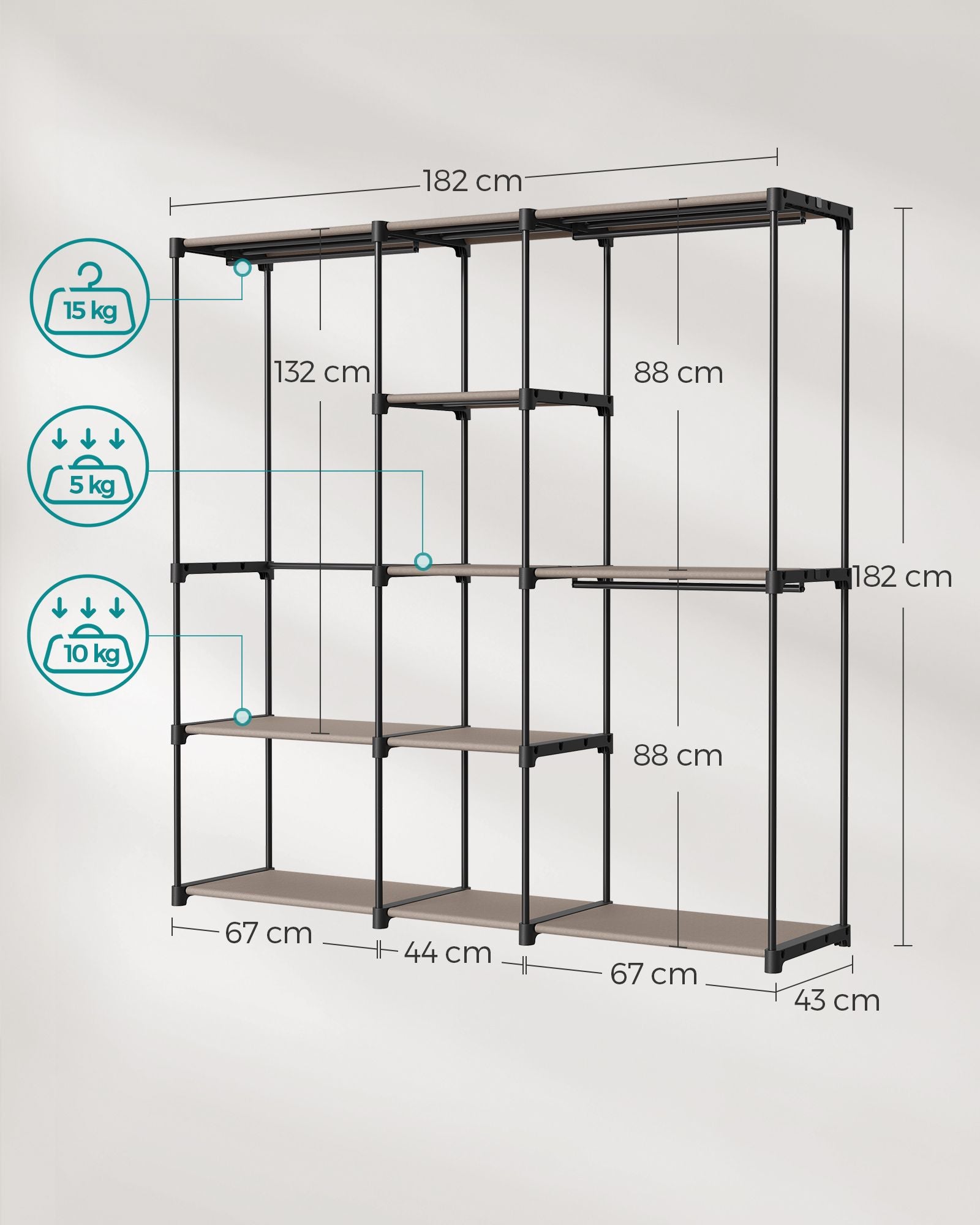 freistehende Garderobe mit Kleiderstangen taupe