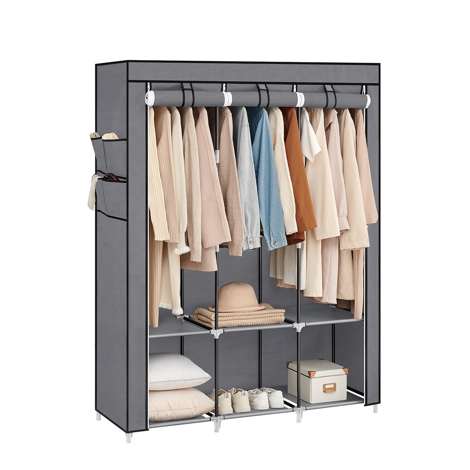 Stoffschrank mit 3 Kleiderstangen und 4 Seitentaschen