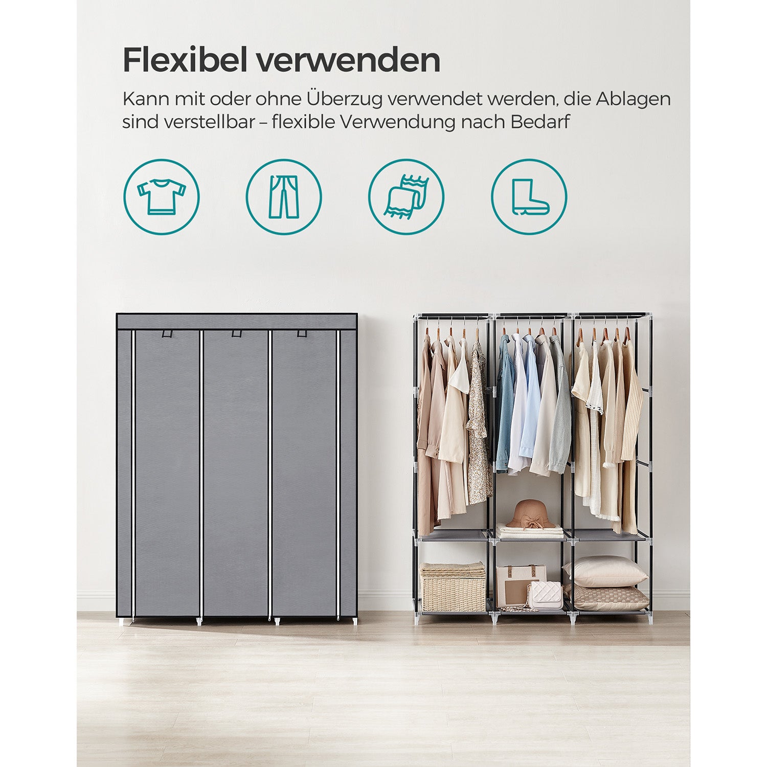 Stoffschrank mit 3 Kleiderstangen und 4 Seitentaschen
