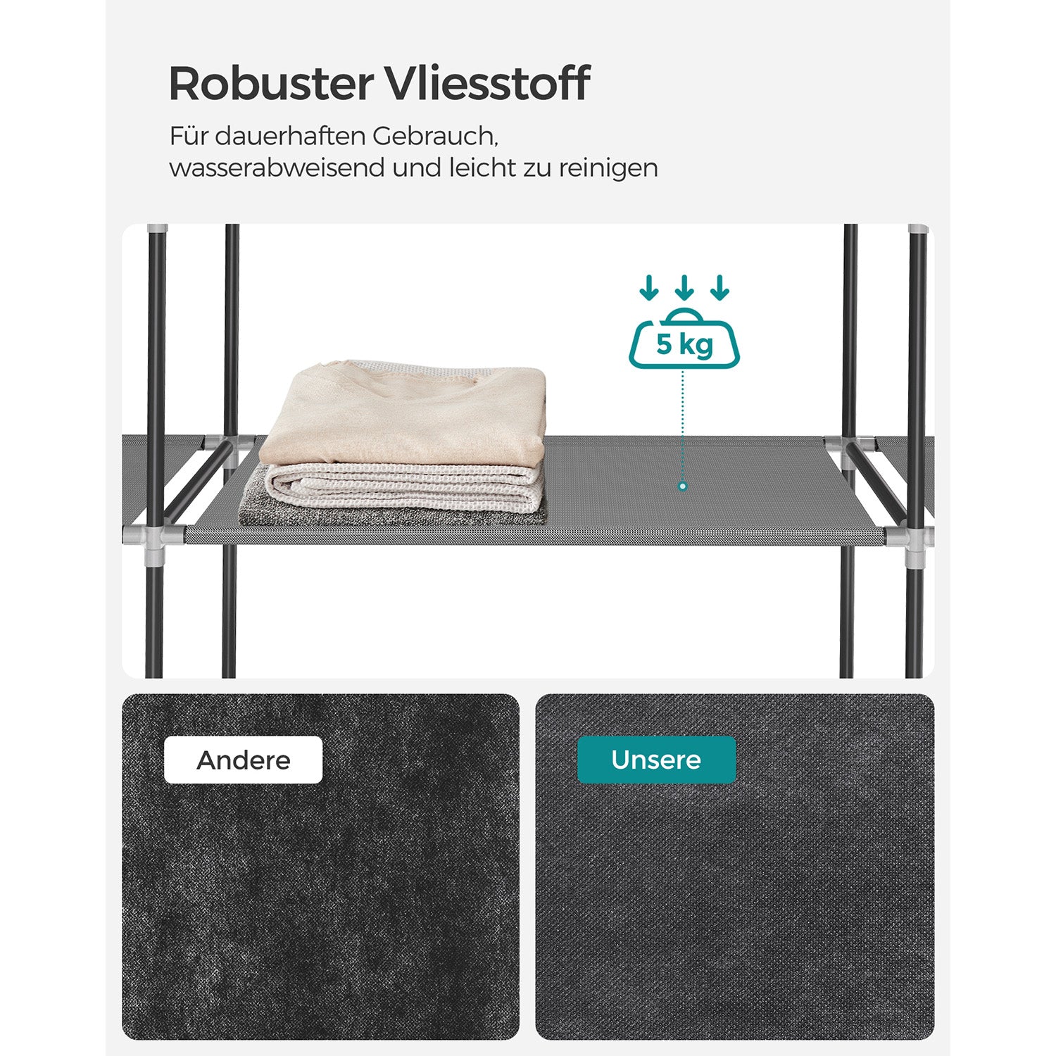 Stoffschrank mit 3 Kleiderstangen und 4 Seitentaschen