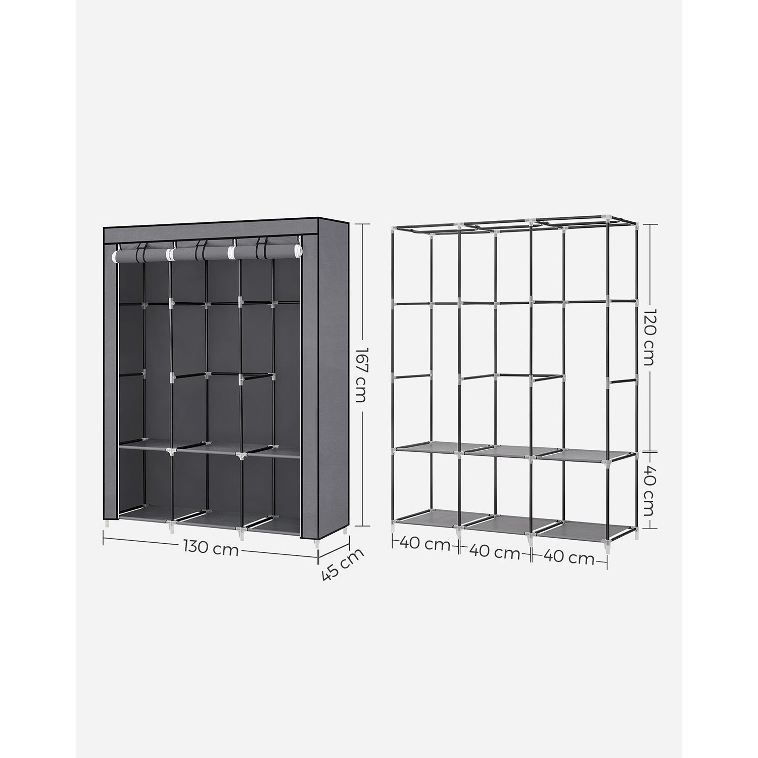 Stoffschrank mit 3 Kleiderstangen und 4 Seitentaschen
