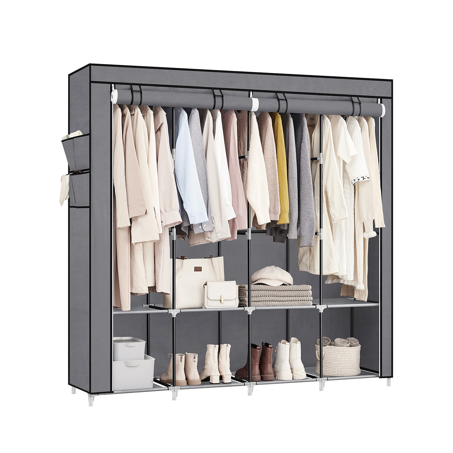 Stoffschrank mit 4 Kleiderstangen und 4 Seitentaschen