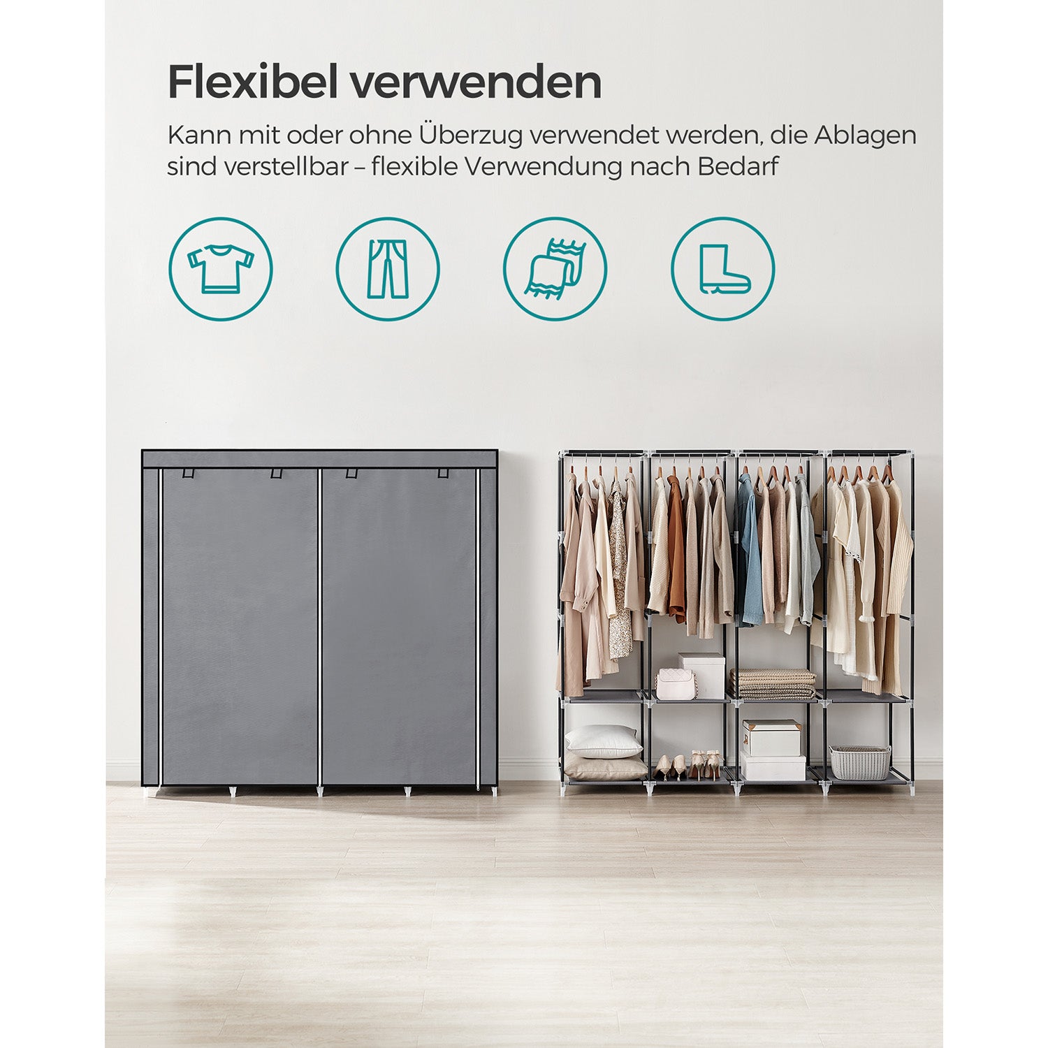 Stoffschrank mit 4 Kleiderstangen und 4 Seitentaschen