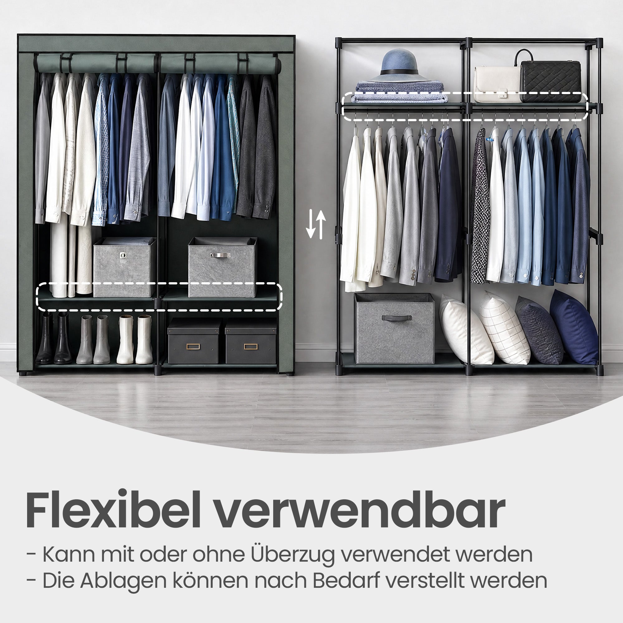 Kleiderschrank, Garderobe mit 2 Kleiderstangen, Kleidungsaufbewahrung