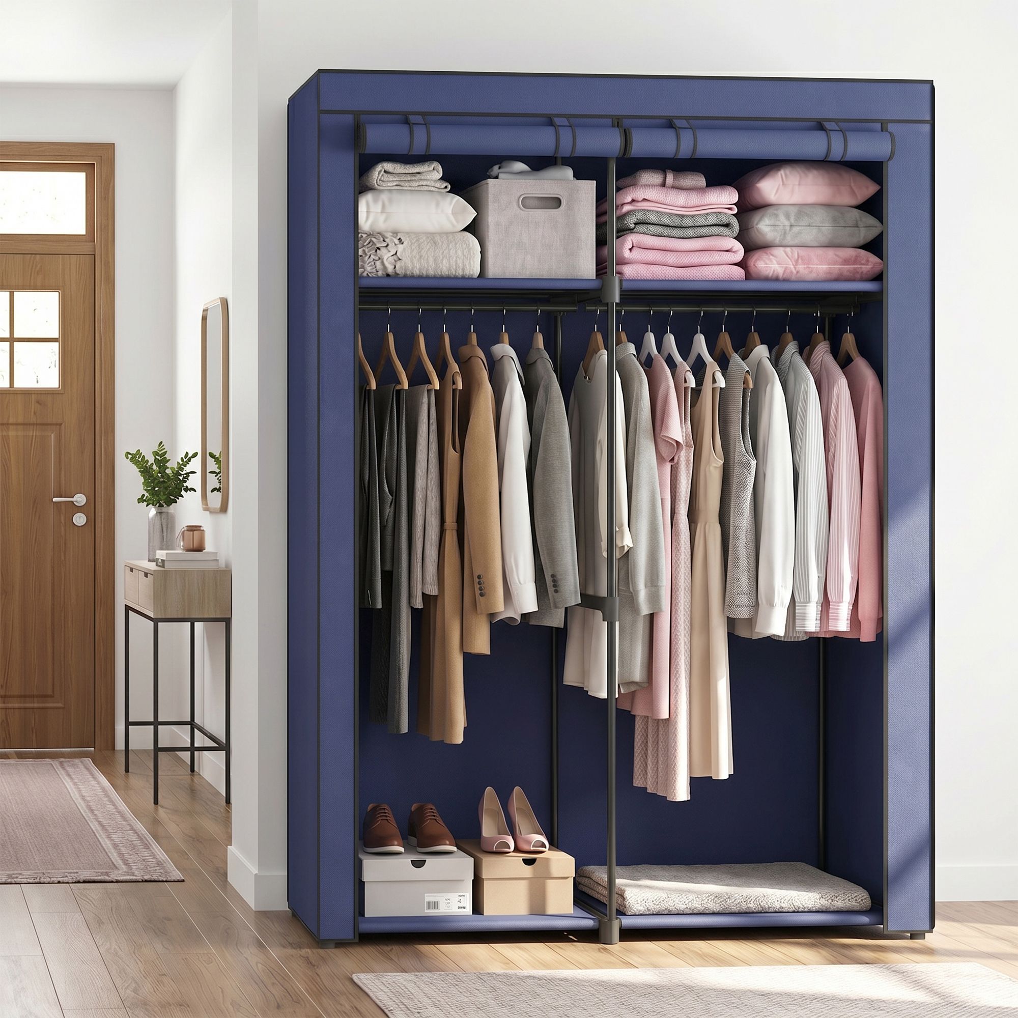 Kleiderschrank, Garderobe mit 2 Kleiderstangen, Kleidungsaufbewahrung