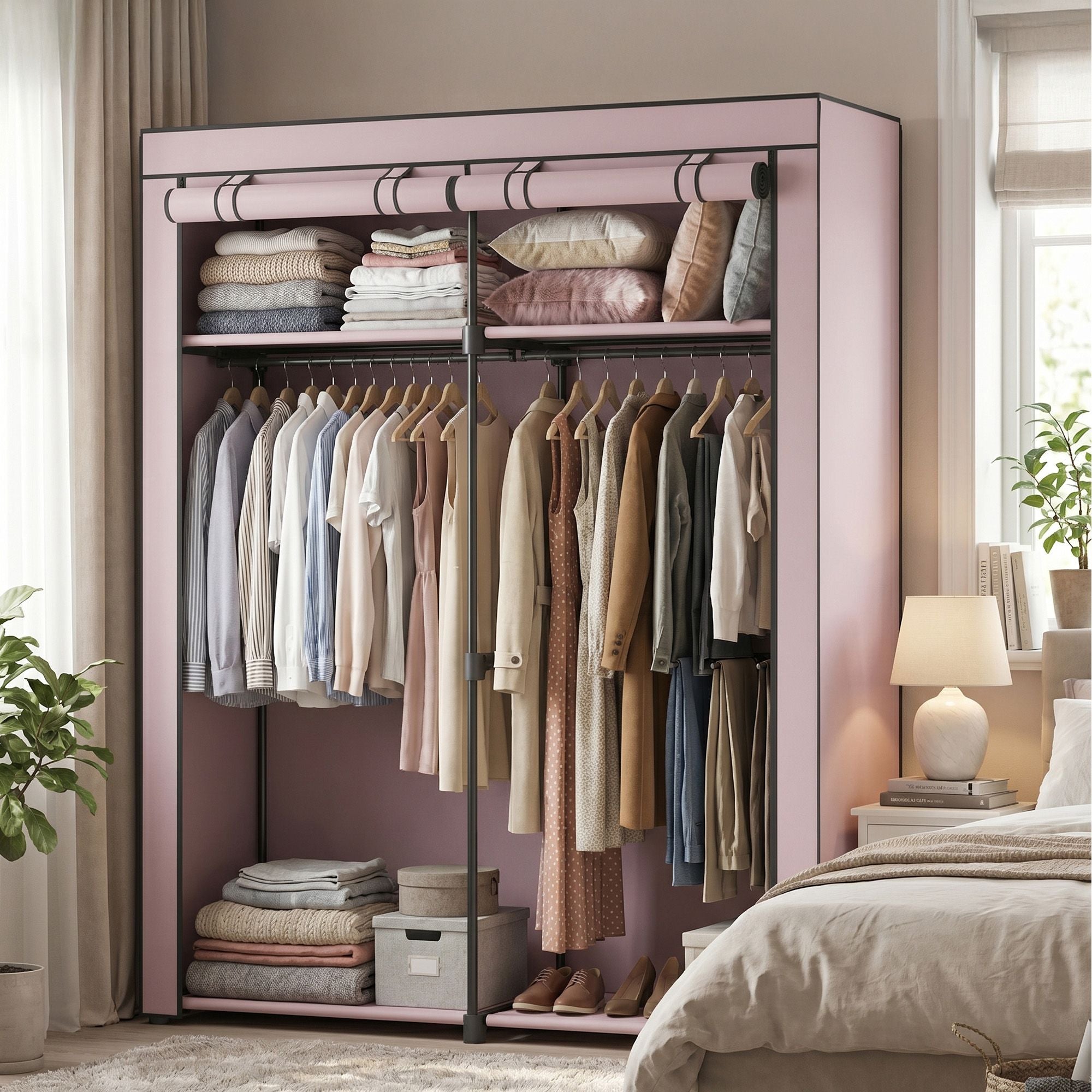 Kleiderschrank, Garderobe mit 2 Kleiderstangen, Kleidungsaufbewahrung