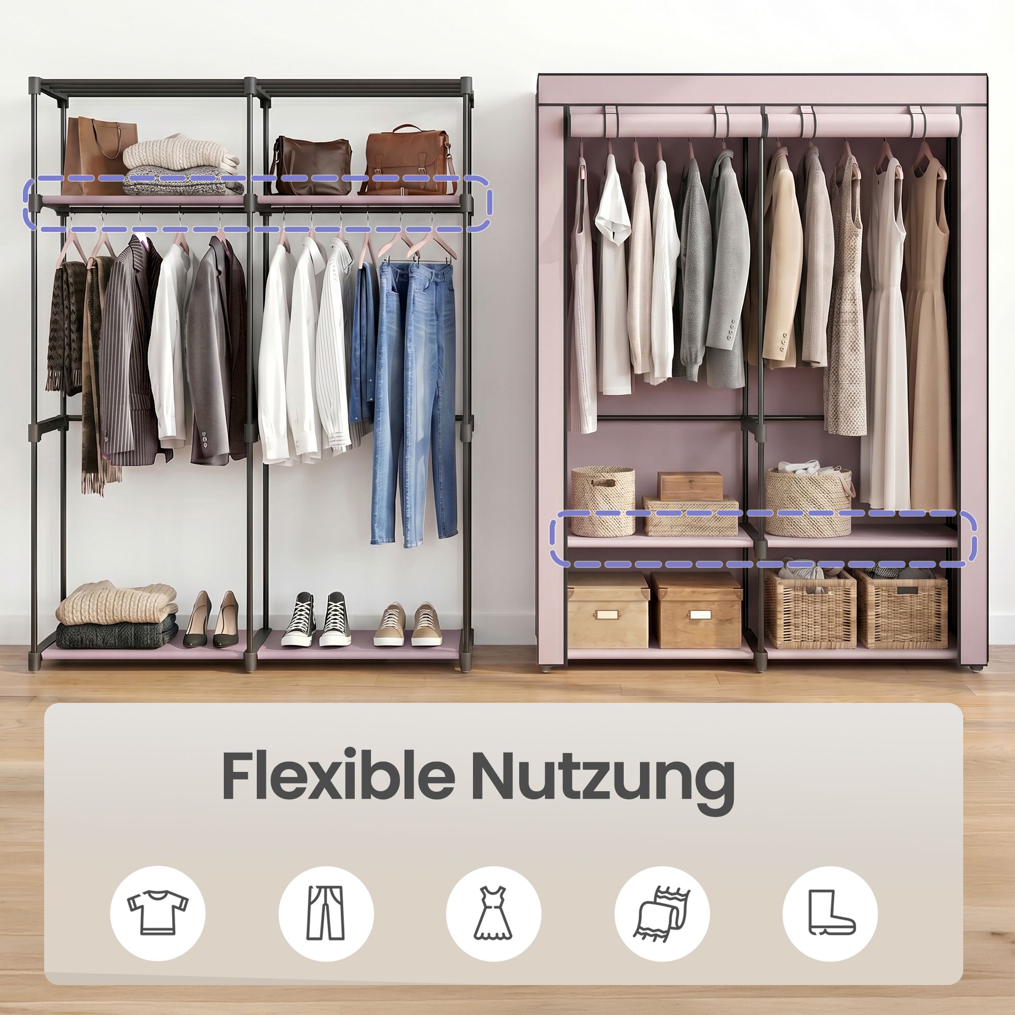 Kleiderschrank, Garderobe mit 2 Kleiderstangen, Kleidungsaufbewahrung