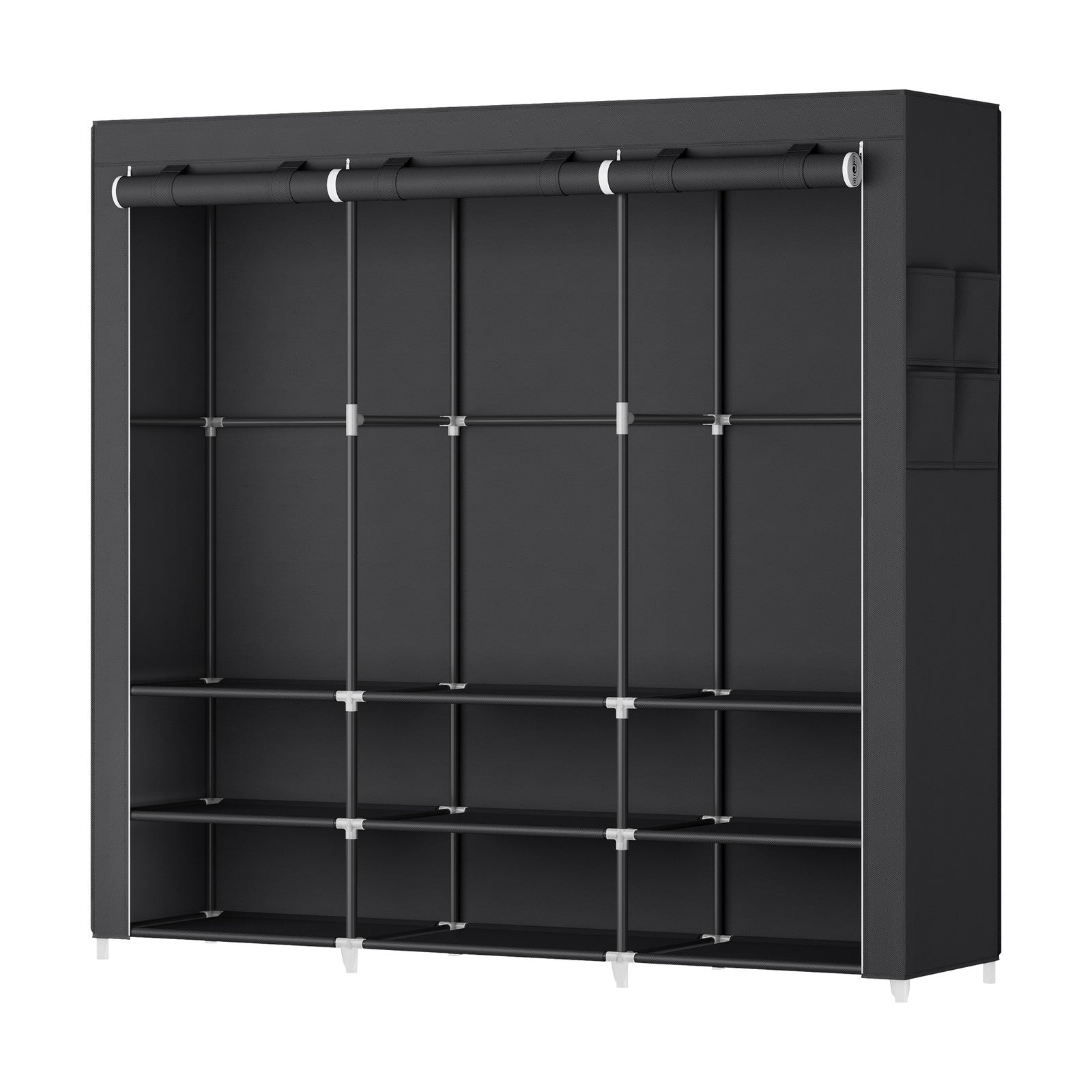 Kleiderschrank aus Stoff mit 3 Hängefächern, Regalen und 4 Taschen, Garderobe für Schlafzimmer