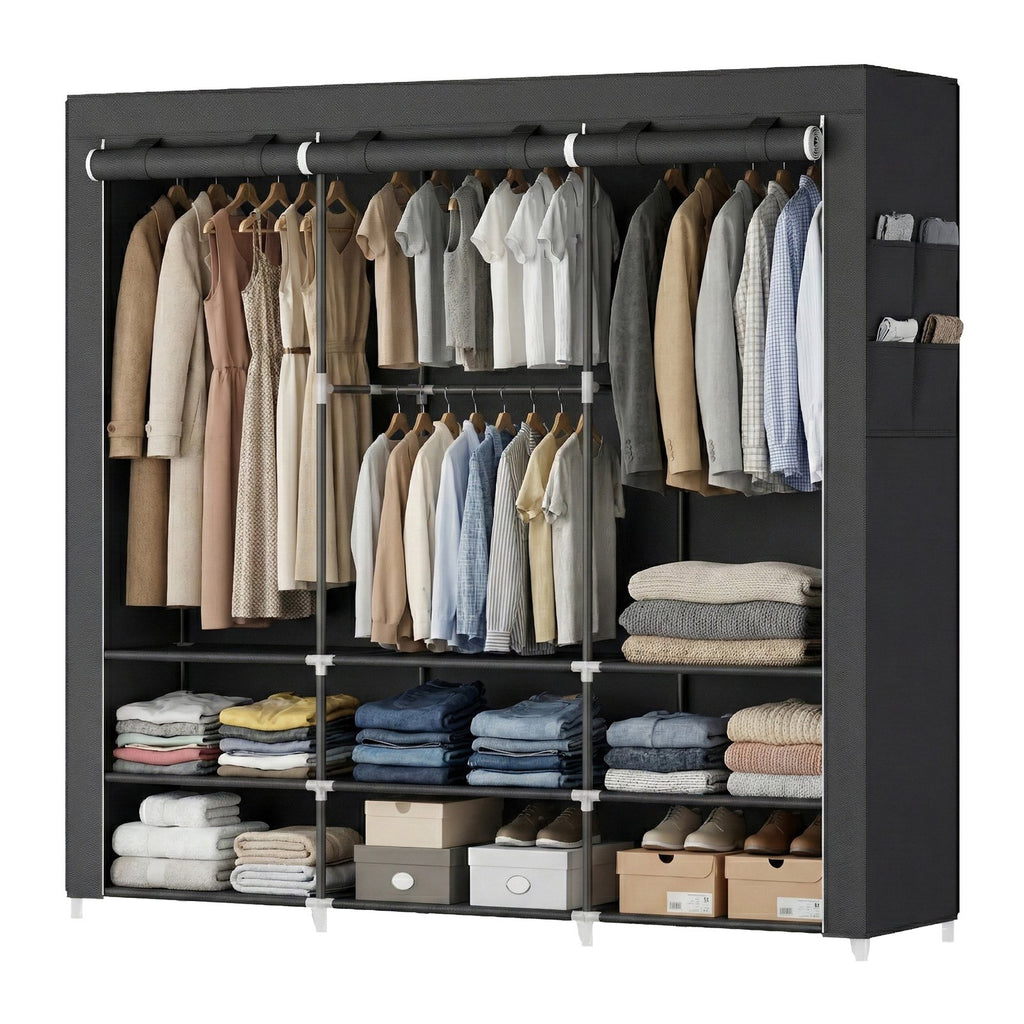 Kleiderschrank aus Stoff mit 3 Hängefächern, Regalen und 4 Taschen, Garderobe für Schlafzimmer