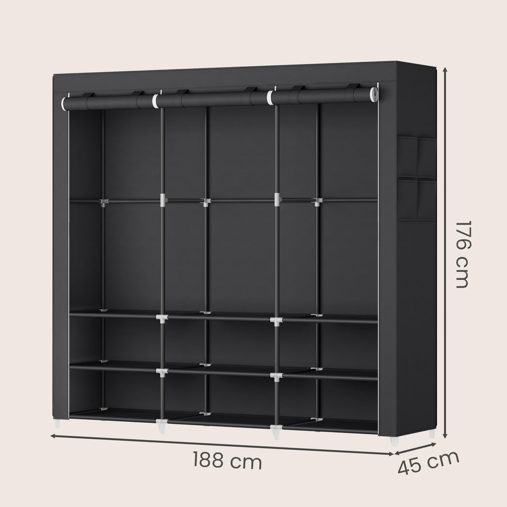 Kleiderschrank aus Stoff mit 3 Hängefächern, Regalen und 4 Taschen, Garderobe für Schlafzimmer