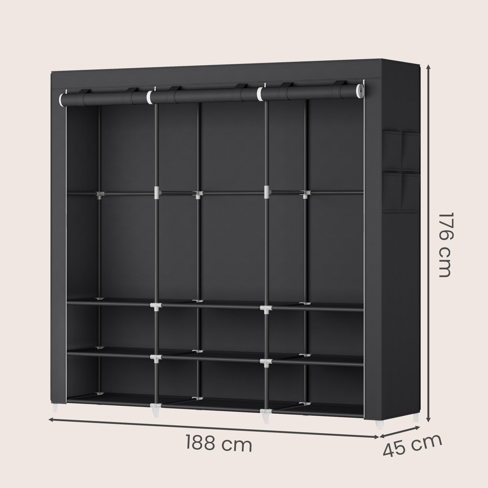 Kleiderschrank aus Stoff mit 3 Hängefächern, Regalen und 4 Taschen, Garderobe für Schlafzimmer