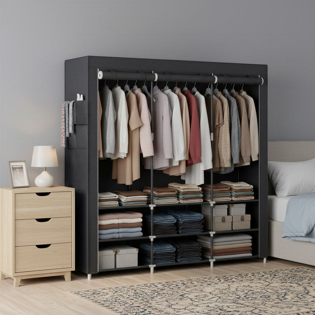 Kleiderschrank aus Stoff mit 3 Hängefächern, Regalen und 4 Taschen, Garderobe für Schlafzimmer